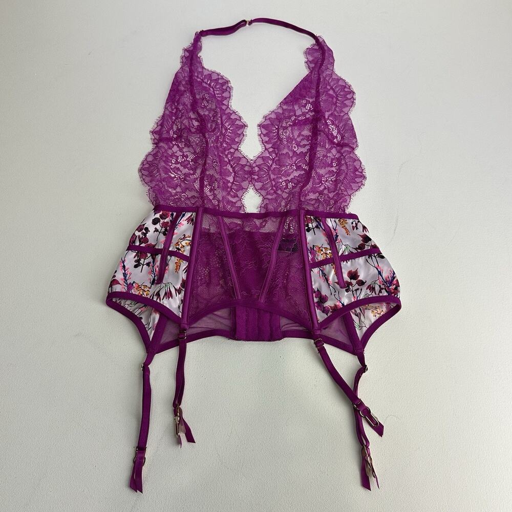 Victoria's Secret Purple Floral Lace Corset Lingerie Top Garter Womens Size S